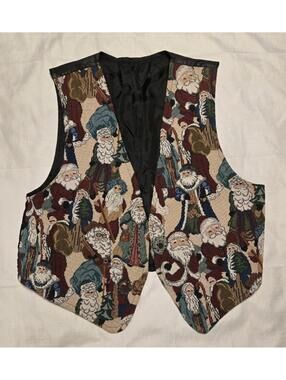 Tapestry Santa Claus Vest Cream Red Festive Holiday Christmas Ugly Sweater Sz M